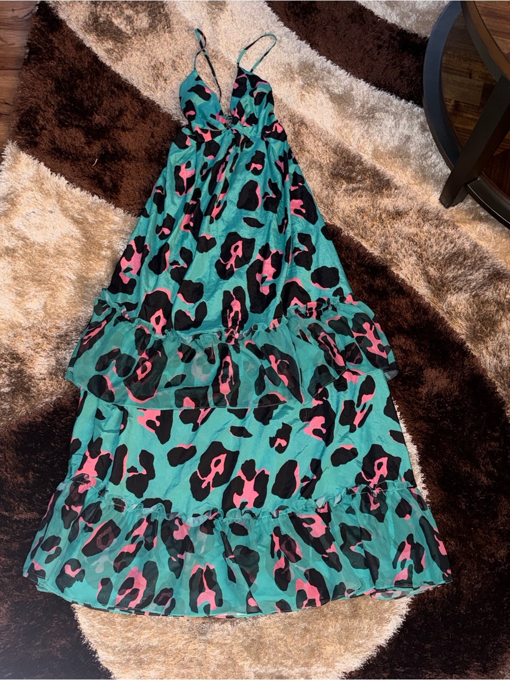 Woman’s Teal Leopard Print Ruffle Dress